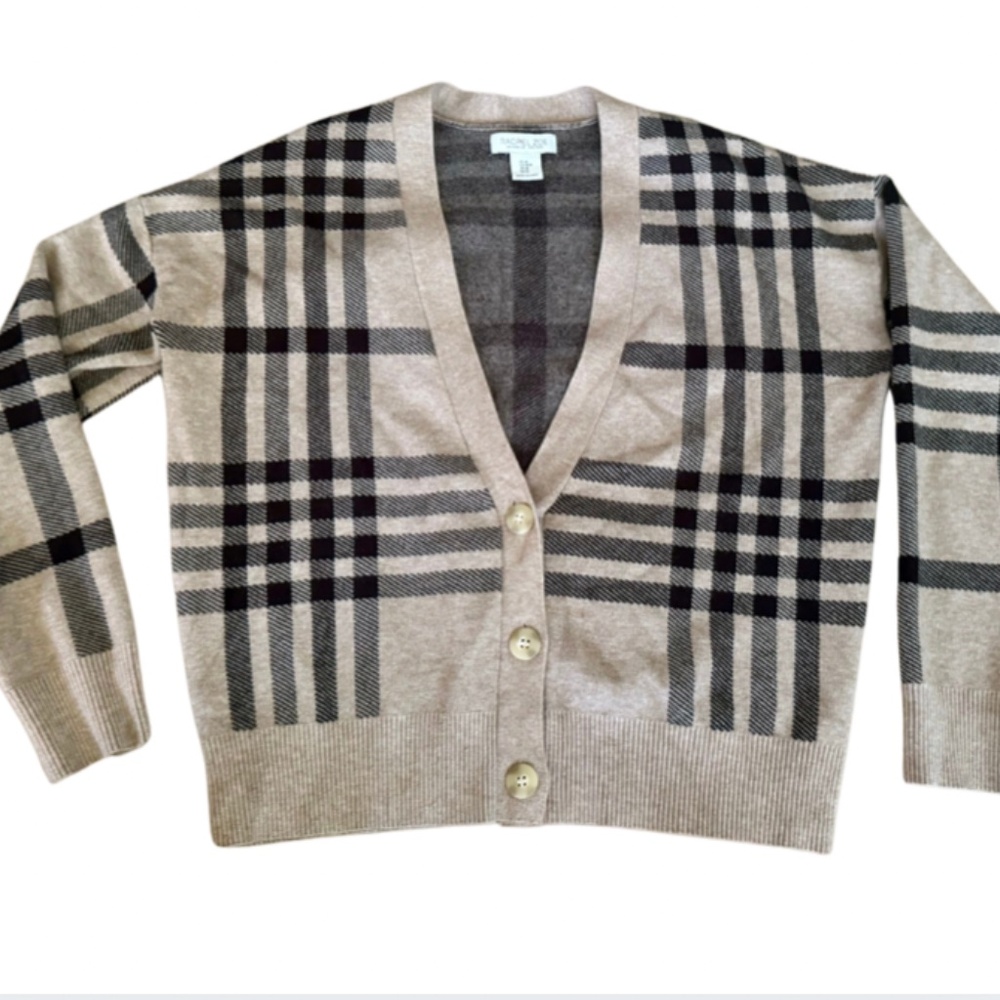 Rachel Zoe tan/black plaid cardigan - size Medium